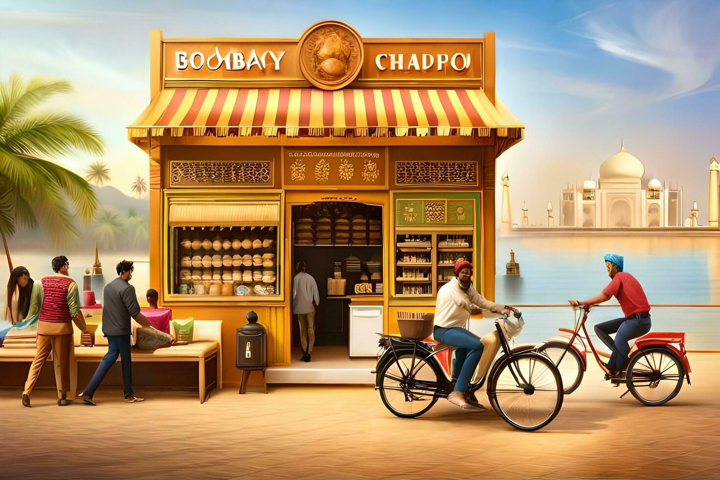 a cartoon of people riding bikes in front of a shop. AI-Generated photo