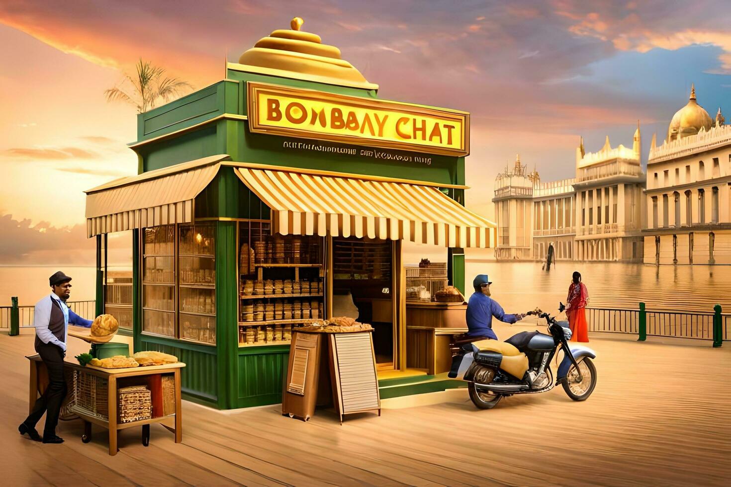 a man is standing outside of a restaurant with a motorcycle. AI-Generated photo