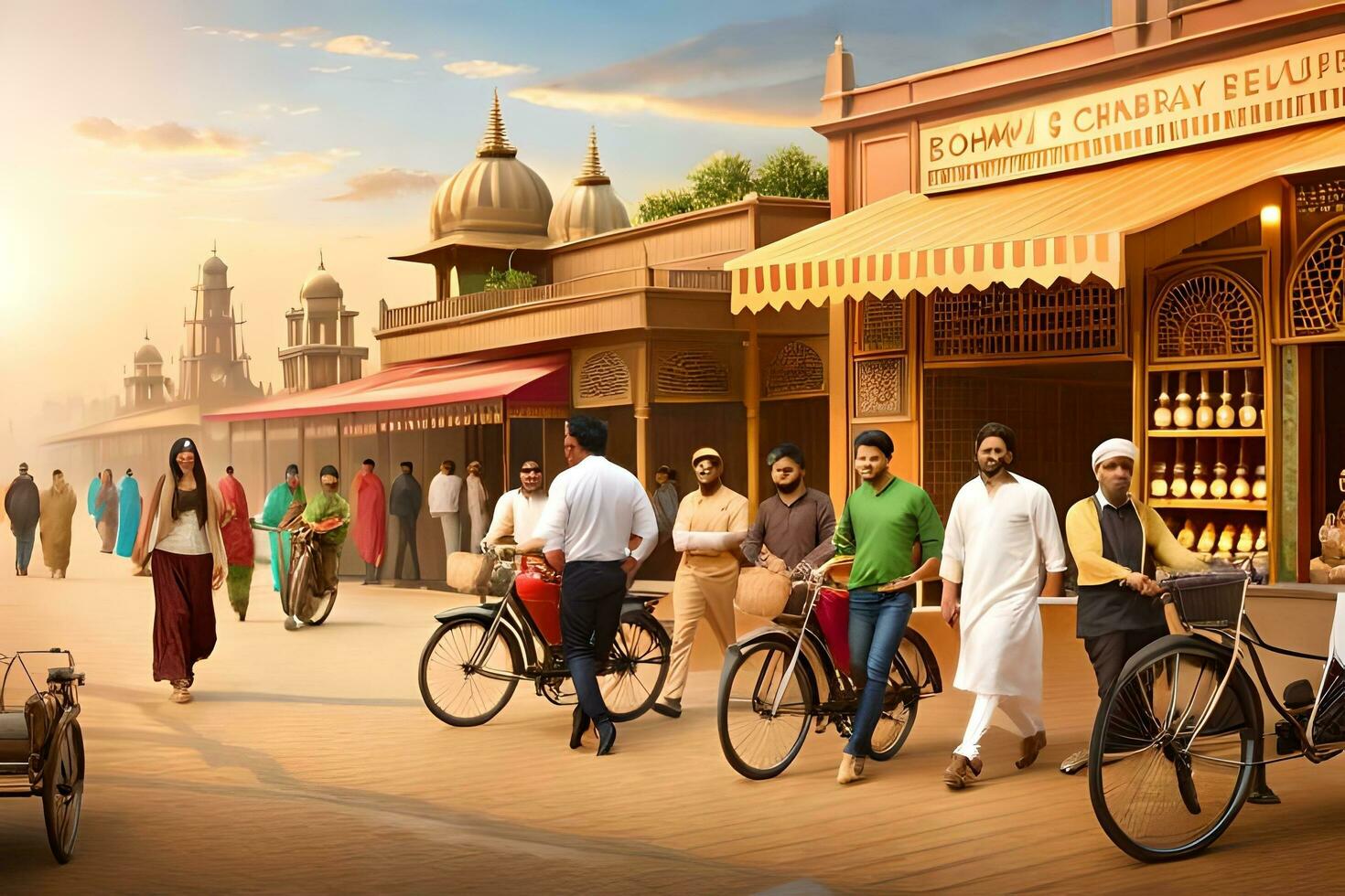 a group of people walking down the street with bicycles. AI-Generated photo
