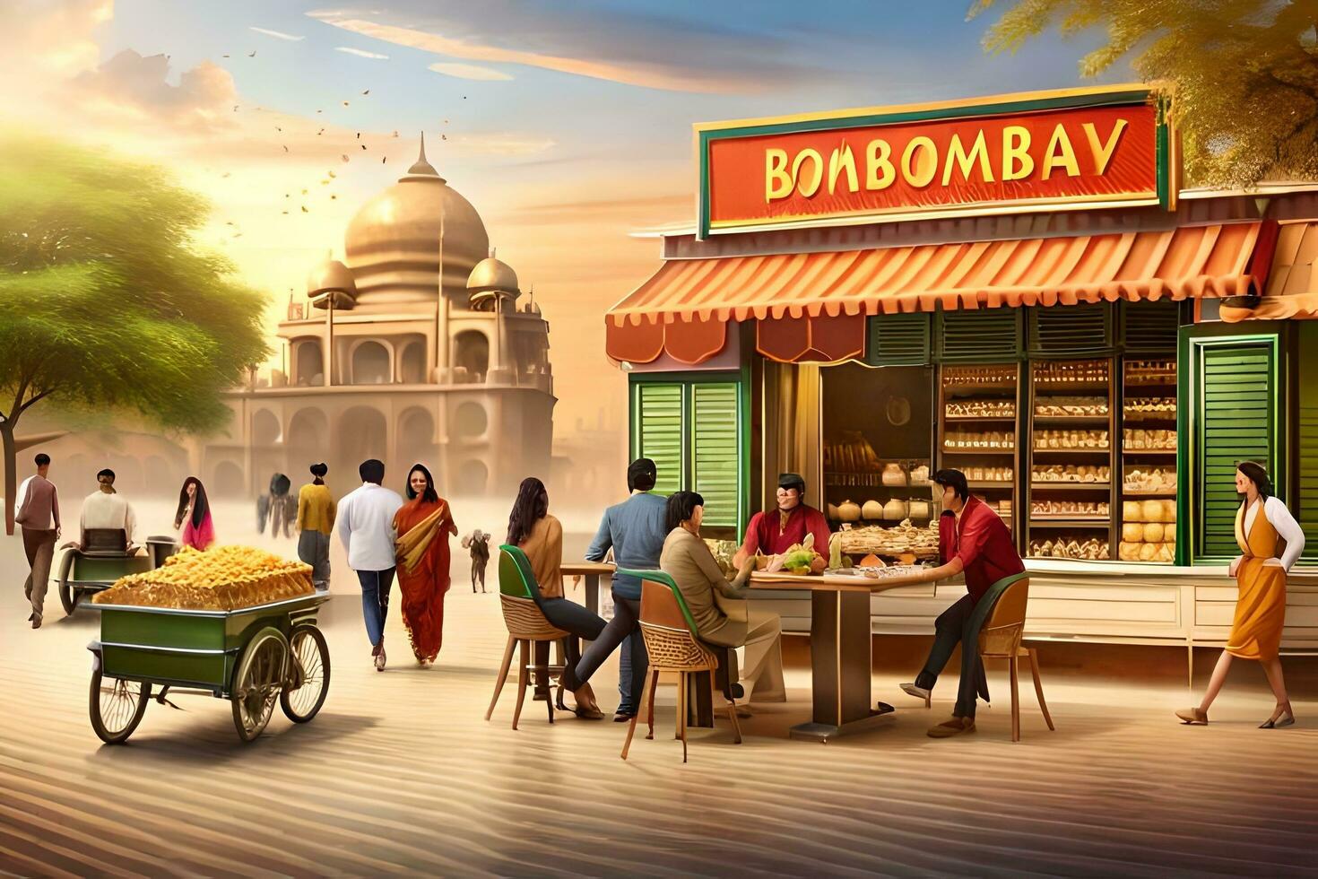 a group of people sitting at a table in front of a shop. AI-Generated photo