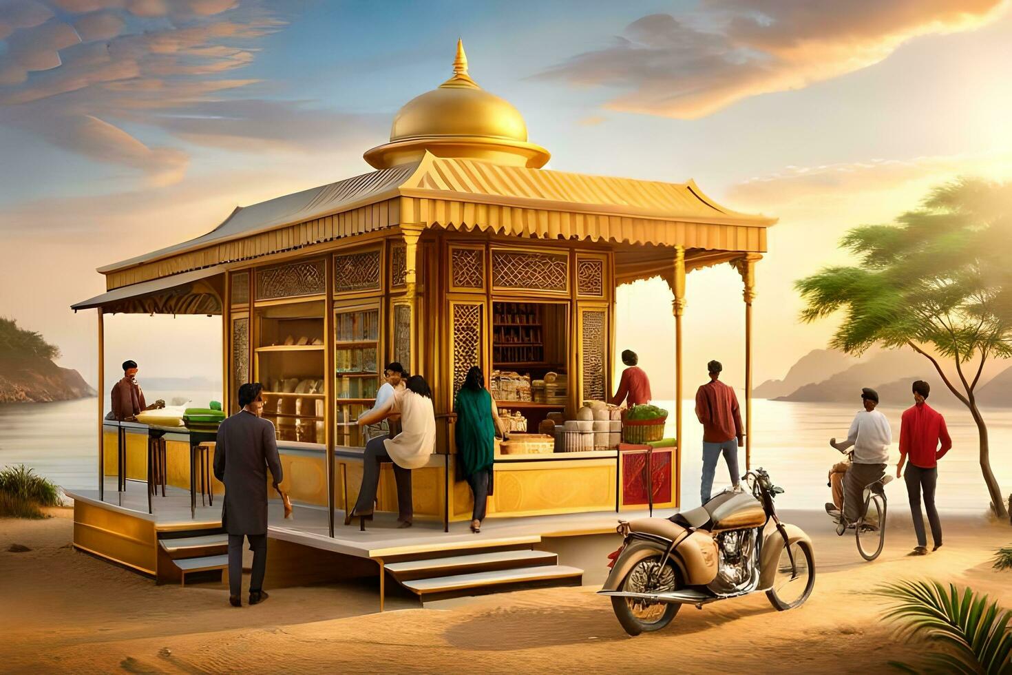 a golden hut with people standing around it. AI-Generated photo