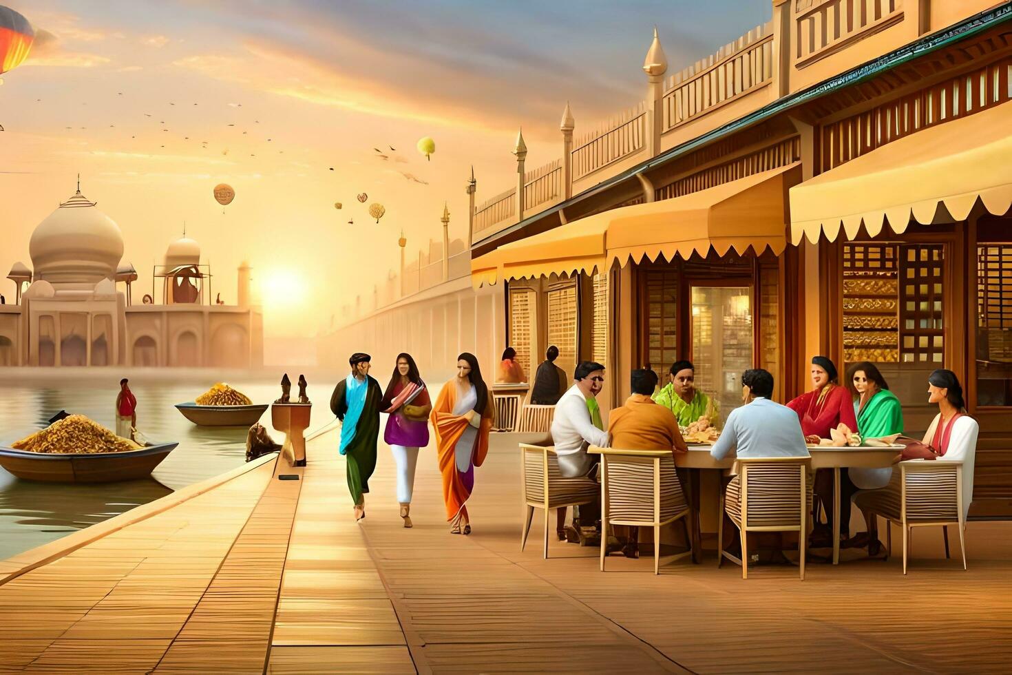 a group of people sitting at a table in front of a building. AI-Generated photo