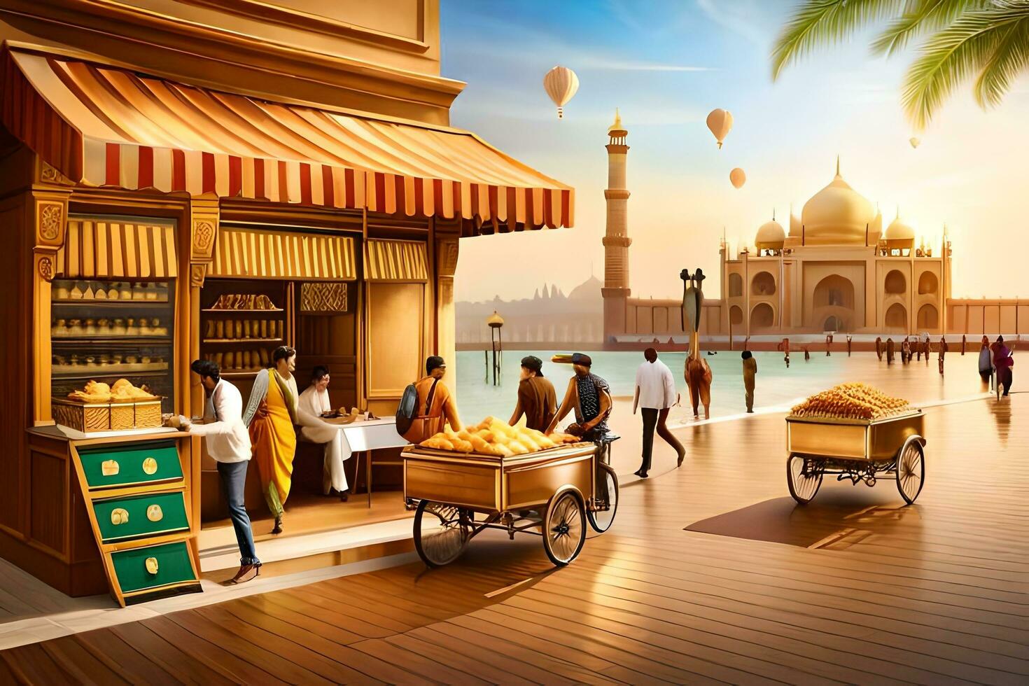 a painting of people in front of a shop. AI-Generated photo