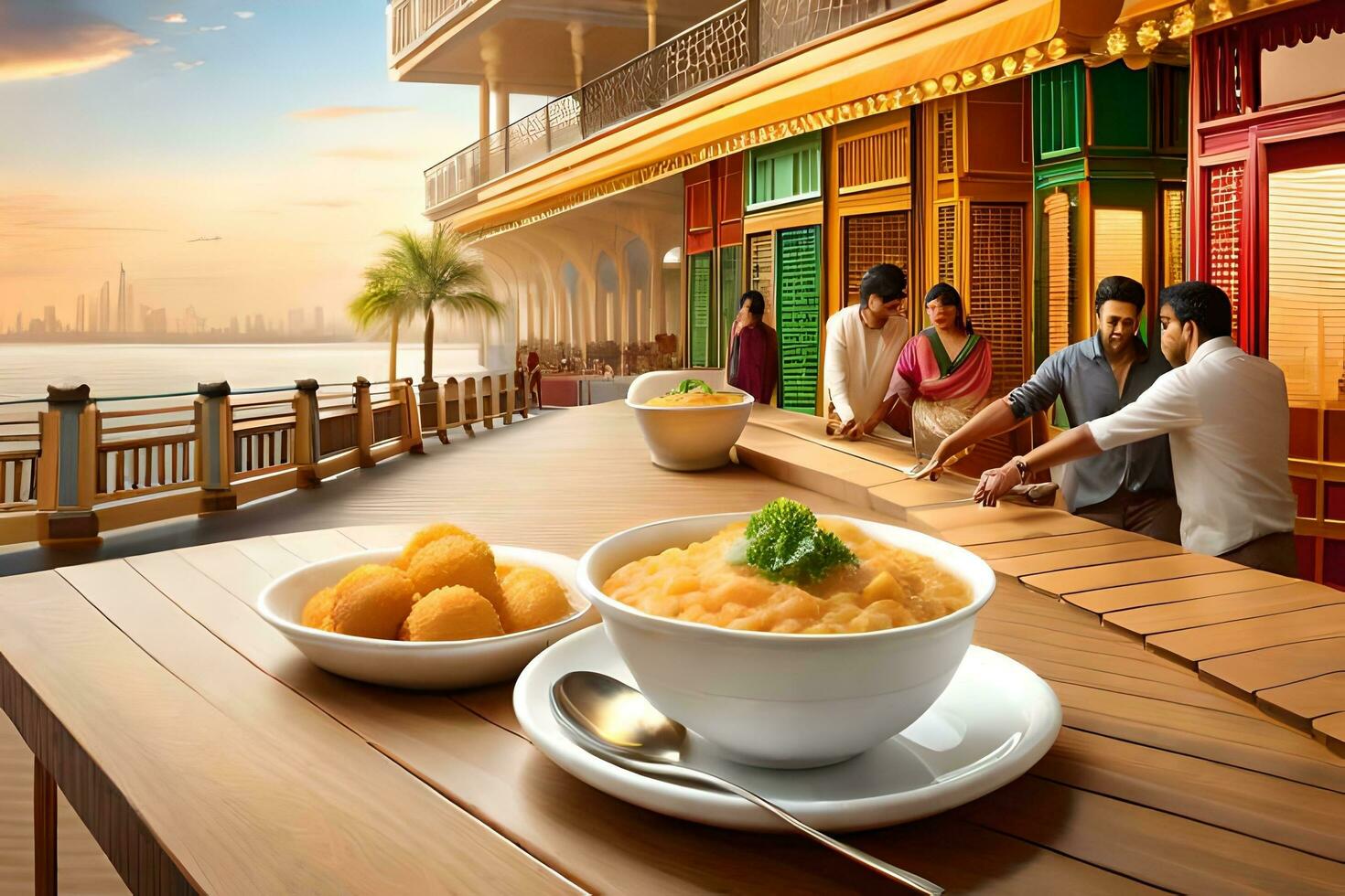 a table with food and people sitting on it. AI-Generated photo