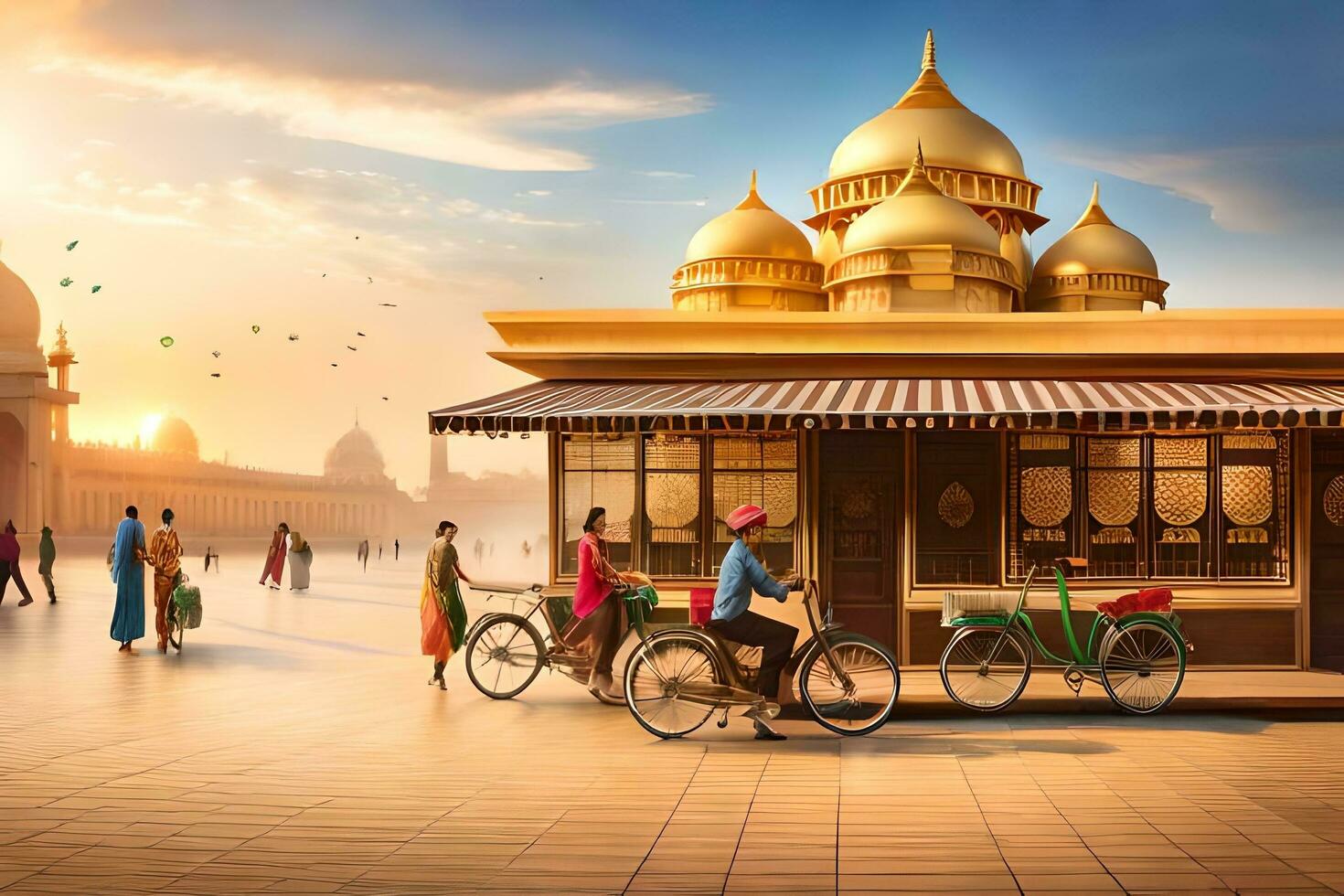 a scene of people riding bicycles in front of a building. AI-Generated photo