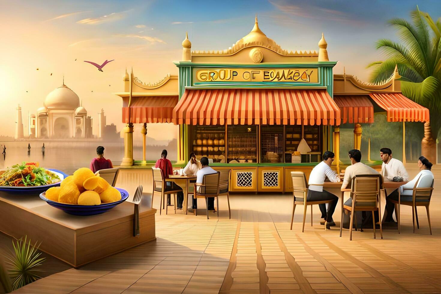 a restaurant with people sitting at tables and eating food. AI-Generated photo