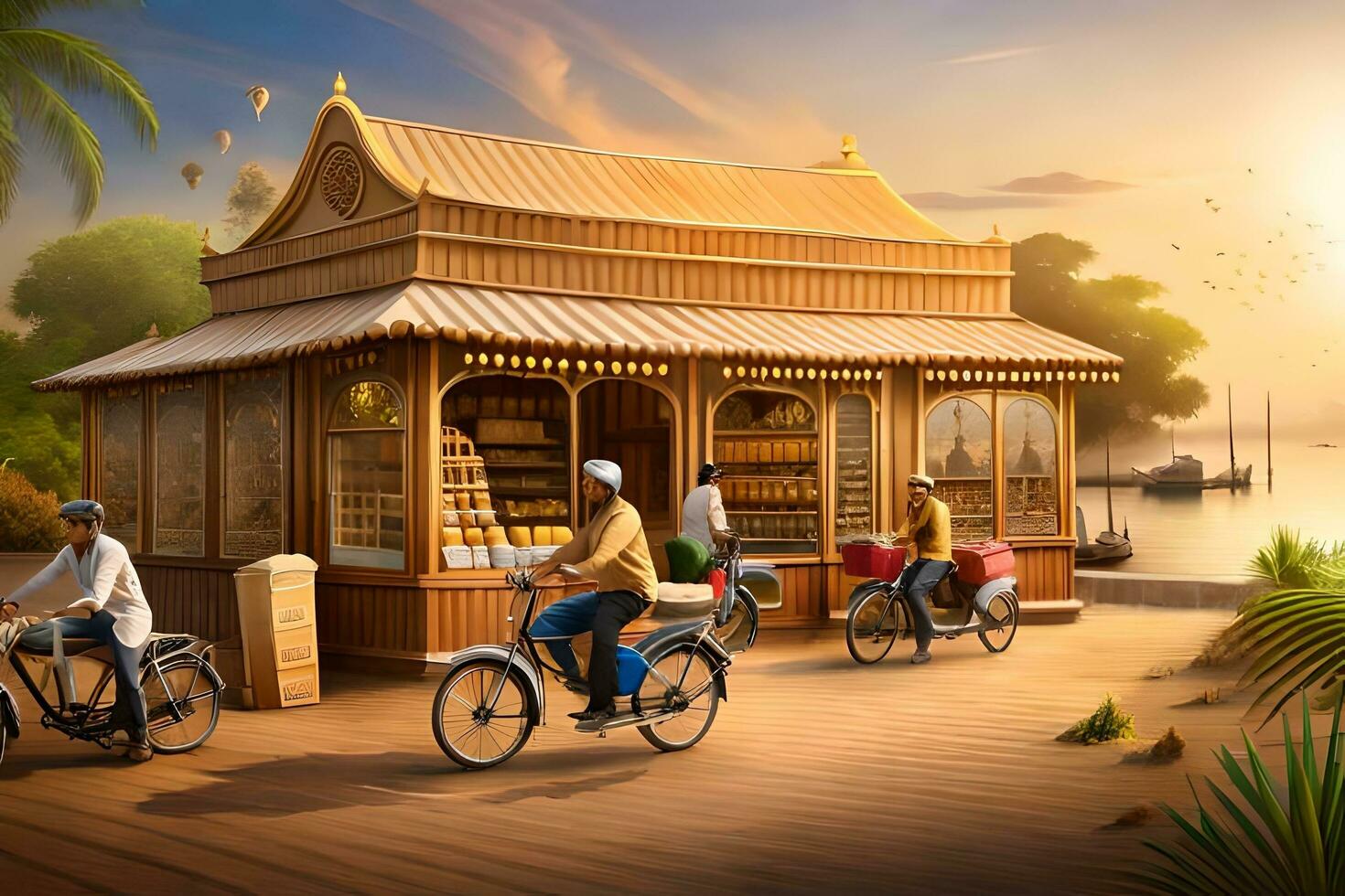 a painting of people riding bicycles near a wooden building. AI-Generated photo
