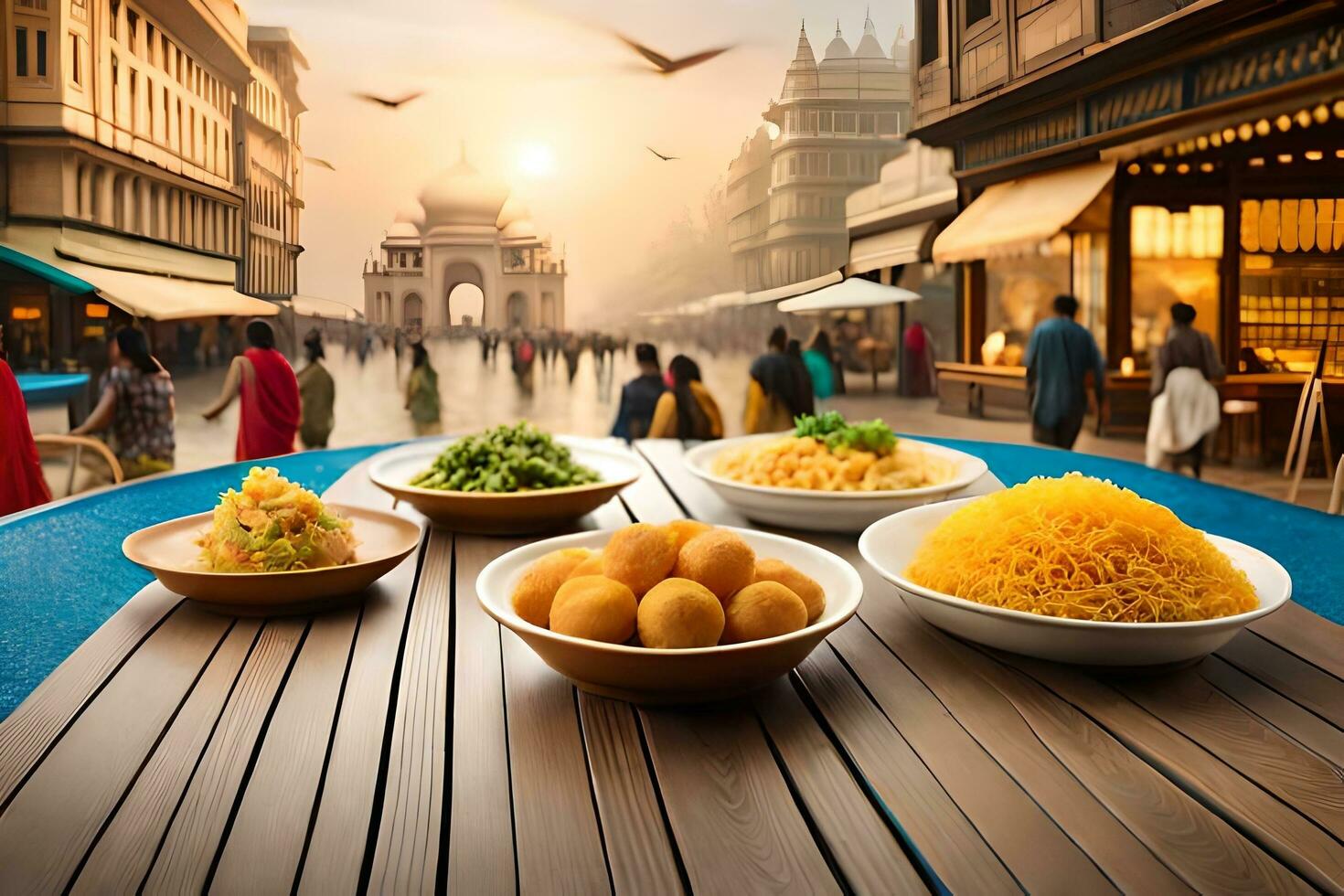 indio comida en un mesa en frente de un ciudad. generado por ai foto
