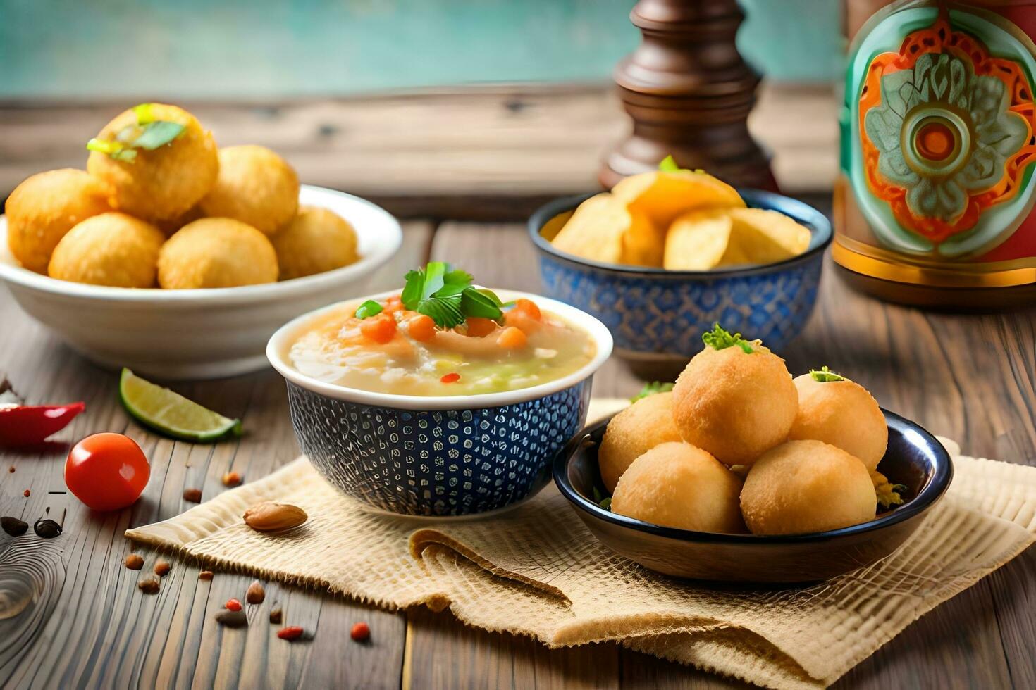 indian food with different types of food on a wooden table. AI-Generated photo