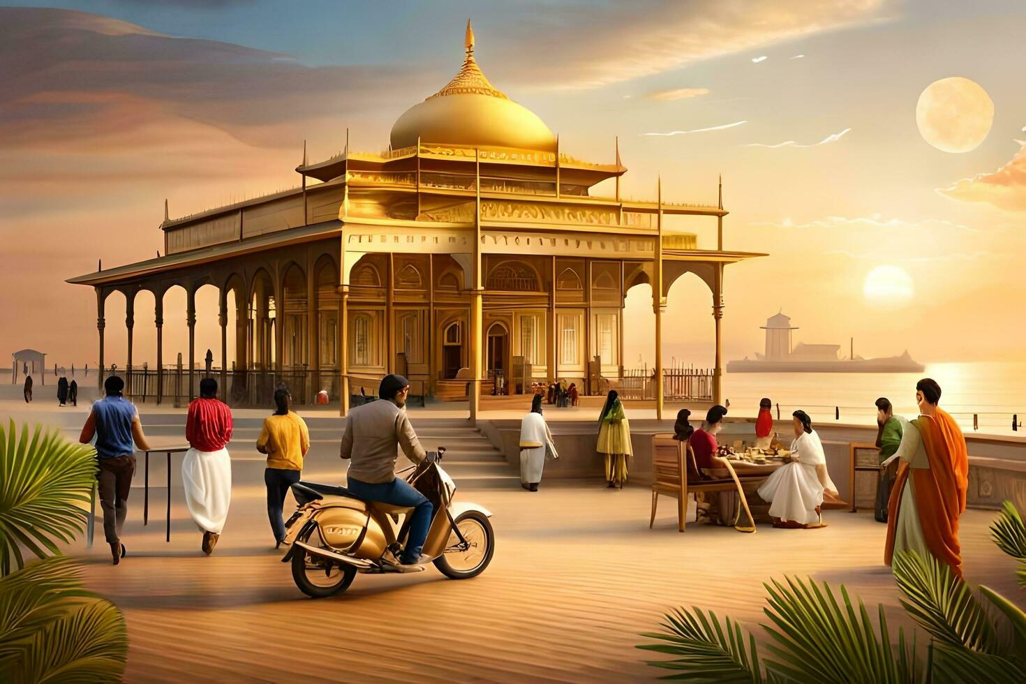 a painting of people sitting on a motorcycle near a golden building. AI-Generated photo