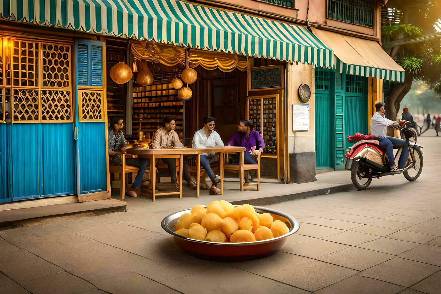 a street scene with people sitting outside a restaurant. AI-Generated photo