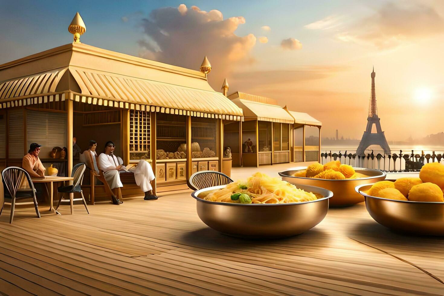 a restaurant with bowls of food on a wooden deck. AI-Generated photo