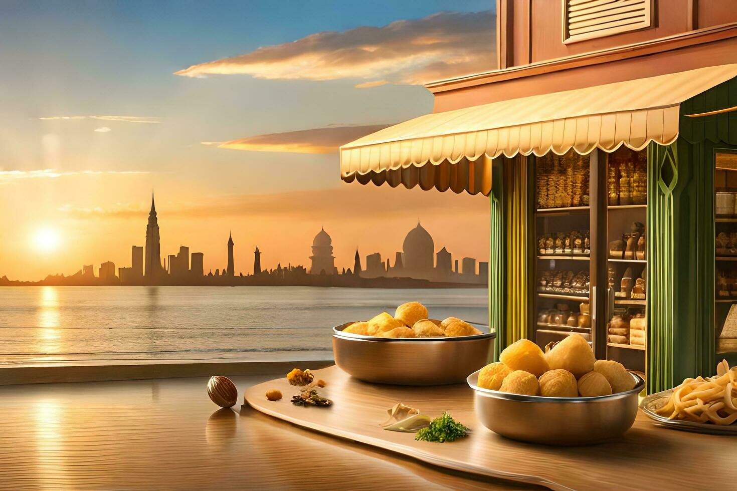 a restaurant with food on the table and a view of the city. AI-Generated photo