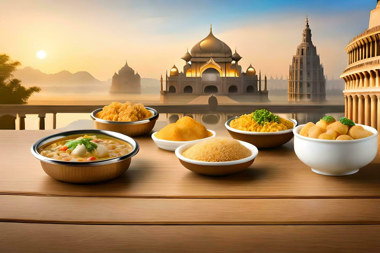 indian food in bowls on a wooden table. AI-Generated photo
