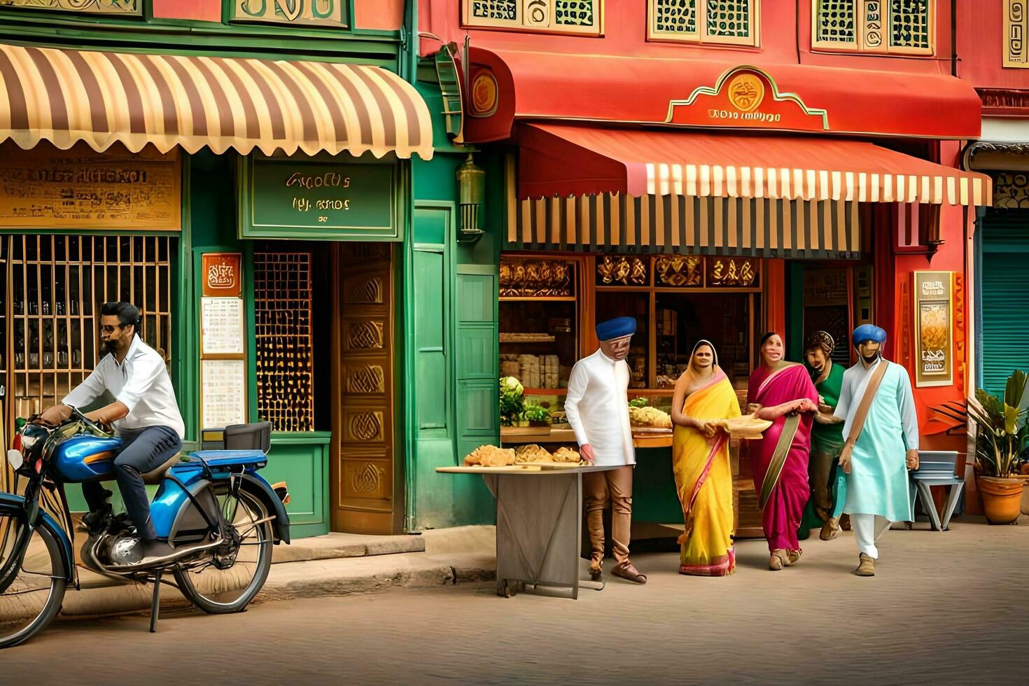 a group of people walking down the street in india. AI-Generated photo