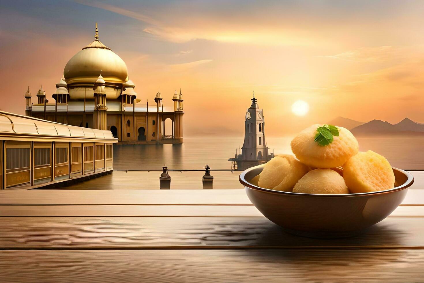 indian food in bowl on table with sunset in background. AI-Generated photo