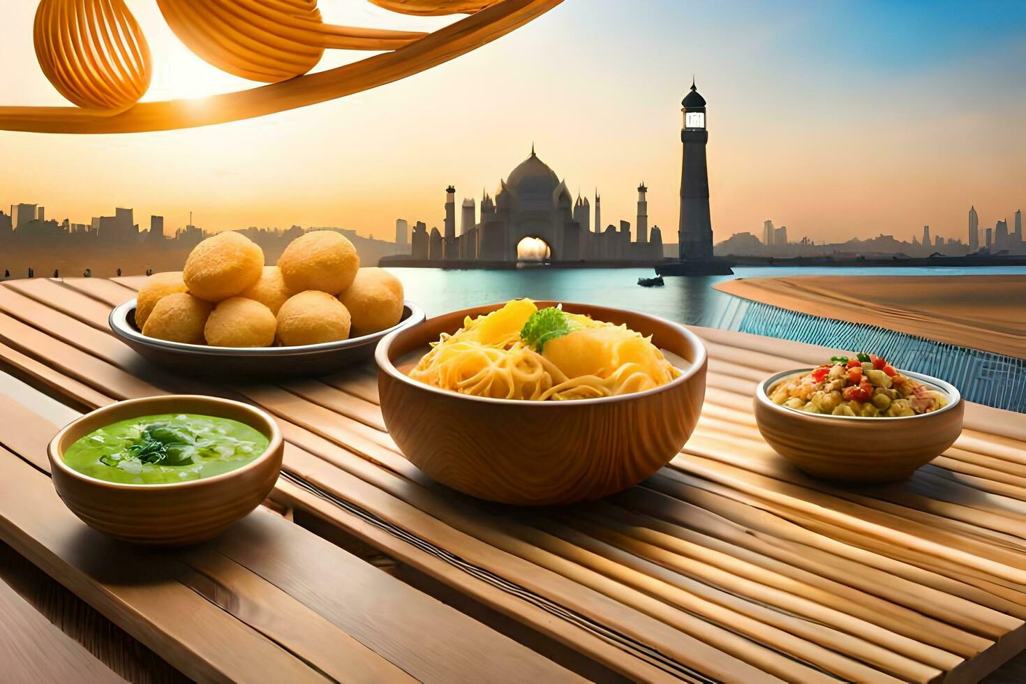 indian food on wooden table with city view. AI-Generated photo