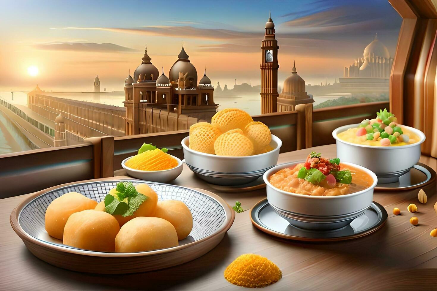 indian food on a table with a view of the city. AI-Generated photo
