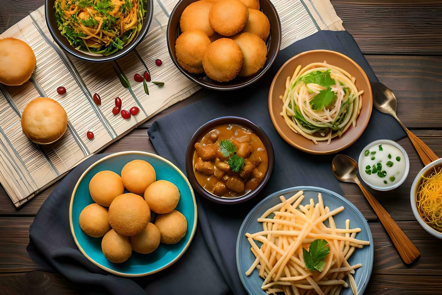 various dishes of indian food are arranged on a table. AI-Generated photo