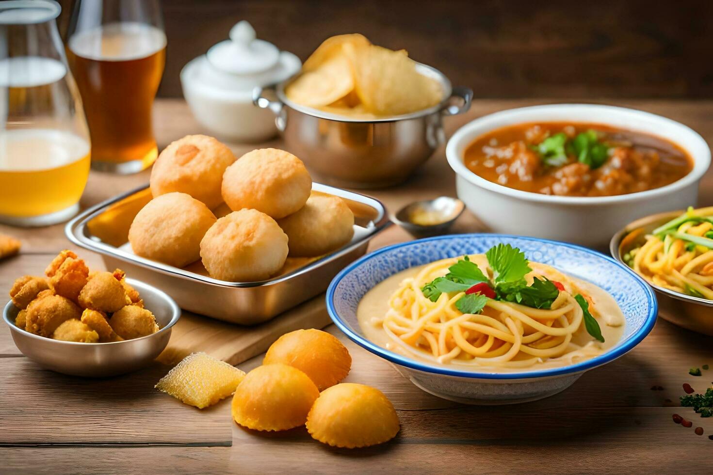 various dishes including noodles, bread, and beer. AI-Generated photo