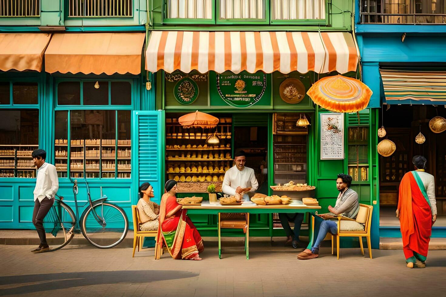 people sitting at a table in front of a colorful shop. AI-Generated photo