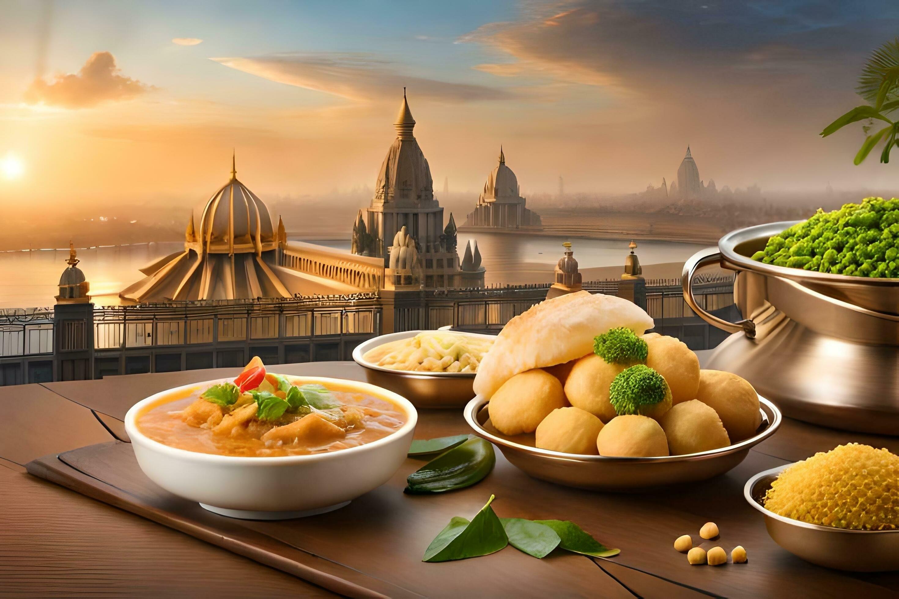 indian food on a table with a view of the city. AI-Generated 33633944