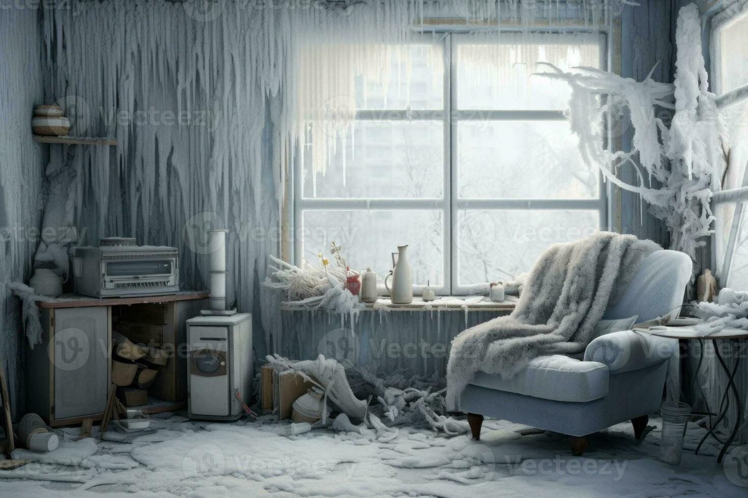 Interior of the frozen living room. Generative AI photo