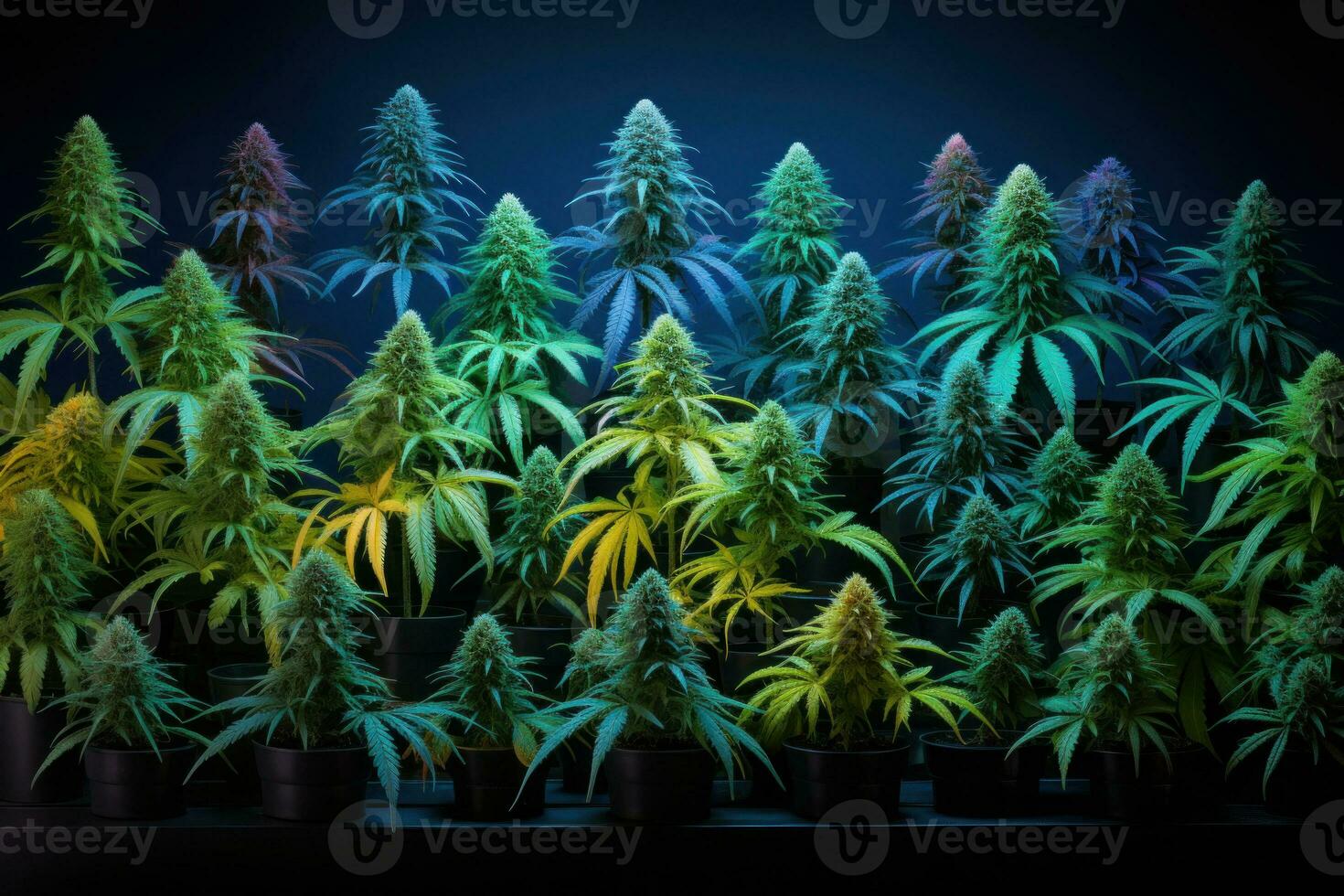 Colored cannabis leaves on dark background. Generative AI photo