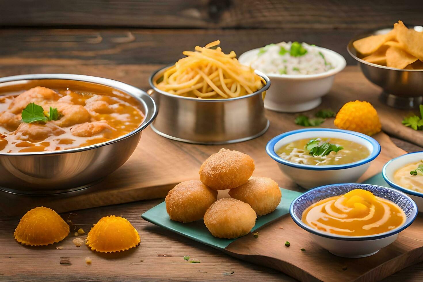 various dishes of indian food are shown on a wooden table. AI-Generated photo