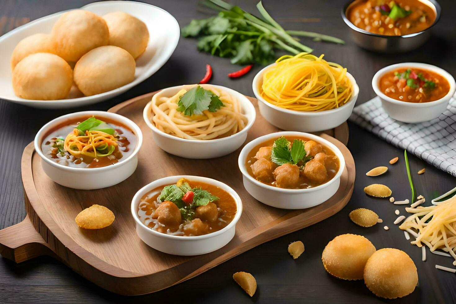 indian food dishes on a wooden board. AI-Generated photo