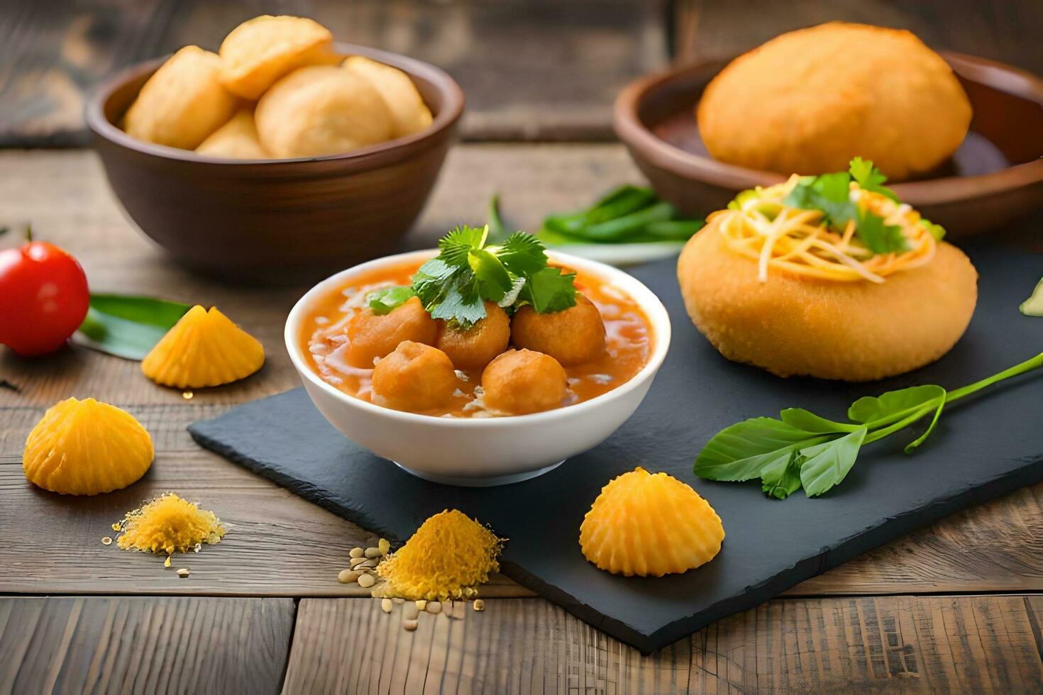 indian food with dal and vegetables on a wooden table. AI-Generated photo