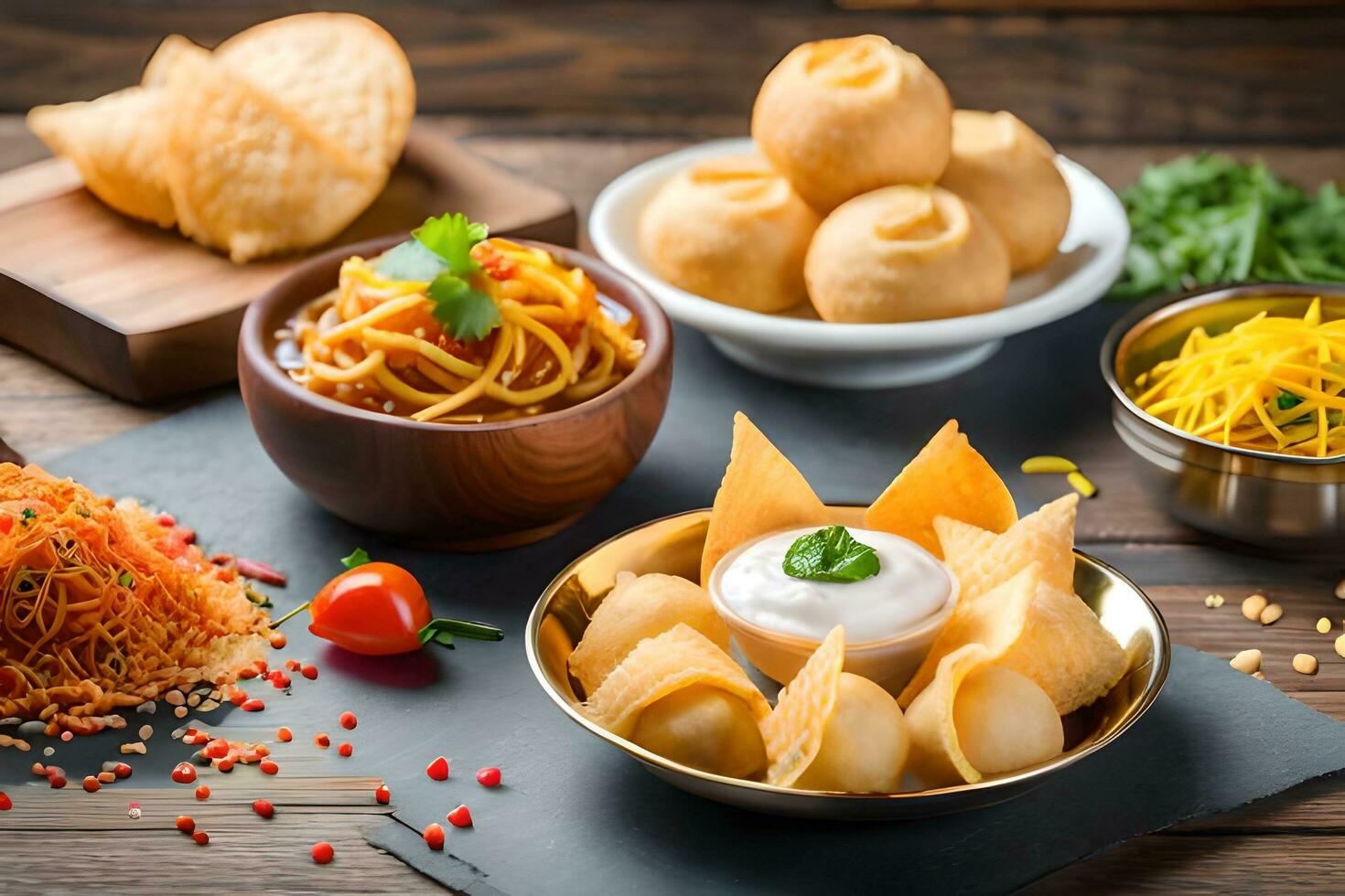 various indian food items on a wooden table. AI-Generated photo