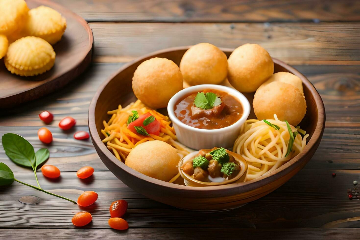 indian food in a bowl with spaghetti and sauce. AI-Generated photo