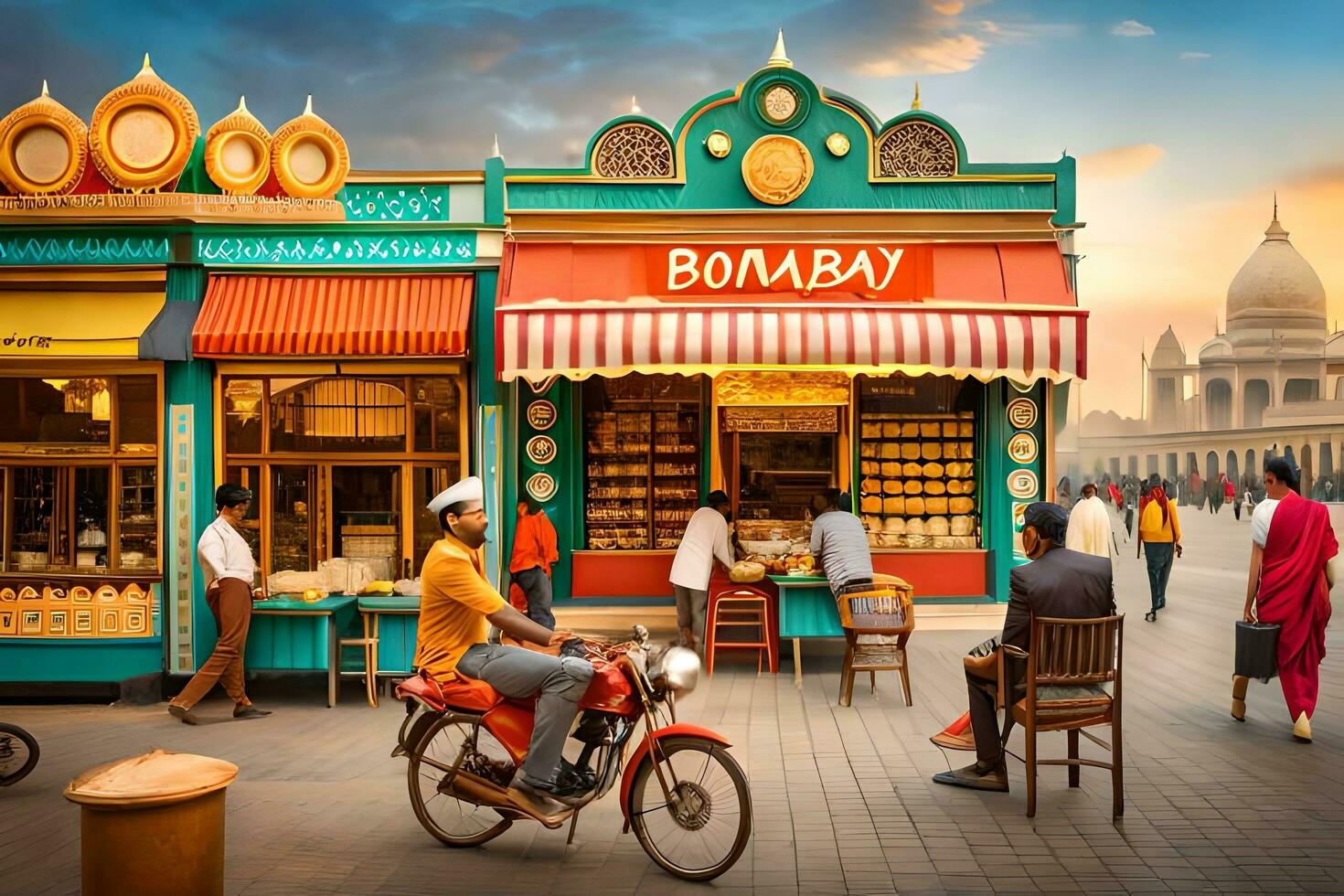 a man on a motorcycle is sitting in front of a shop. AI-Generated photo