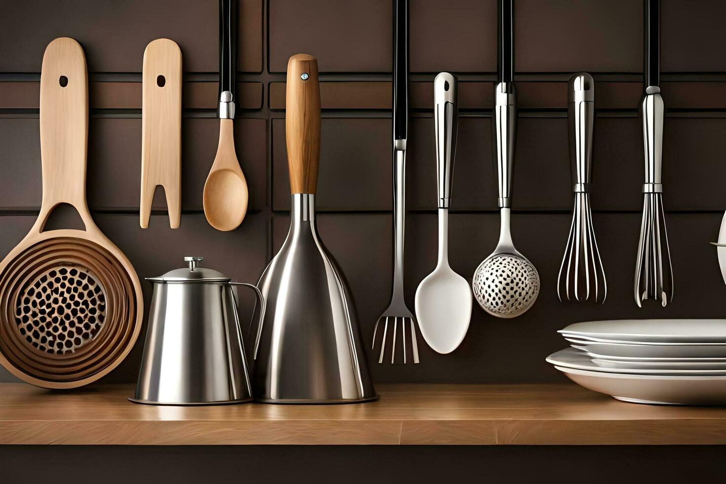 kitchen utensils on a shelf. AI-Generated photo