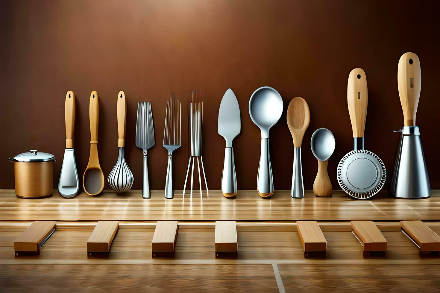 a collection of utensils on a wooden table. AI-Generated photo