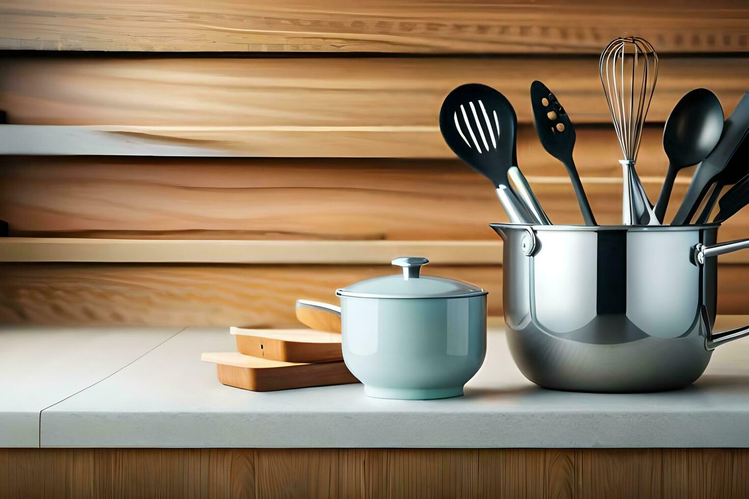 kitchen utensils and wooden cutting board on counter. AI-Generated photo