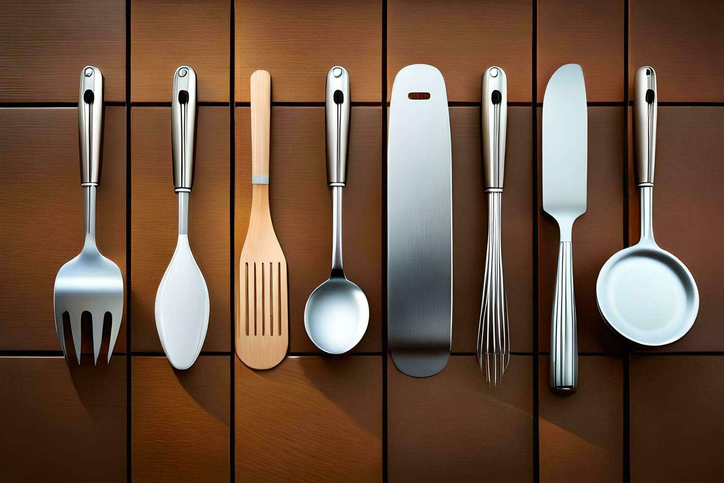 a group of different utensils on a wooden table. AI-Generated photo