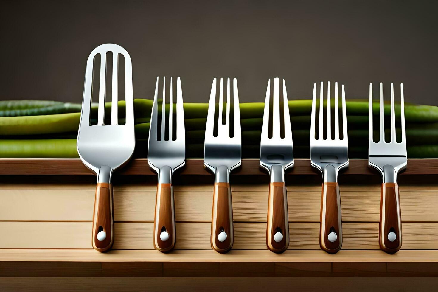 five forks and a knife are sitting on a wooden table. AI-Generated photo