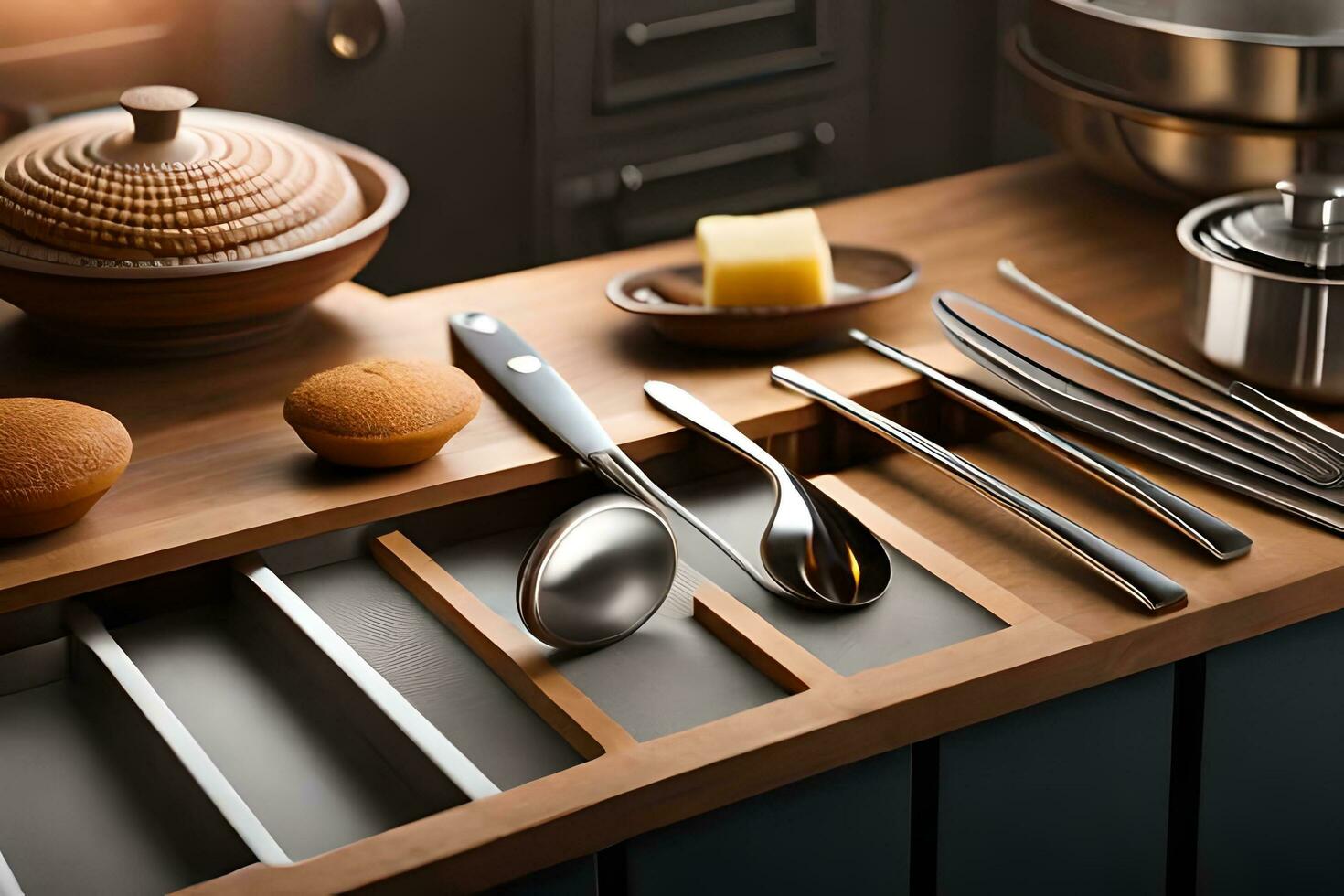 a kitchen counter with utensils and spoons. AI-Generated photo
