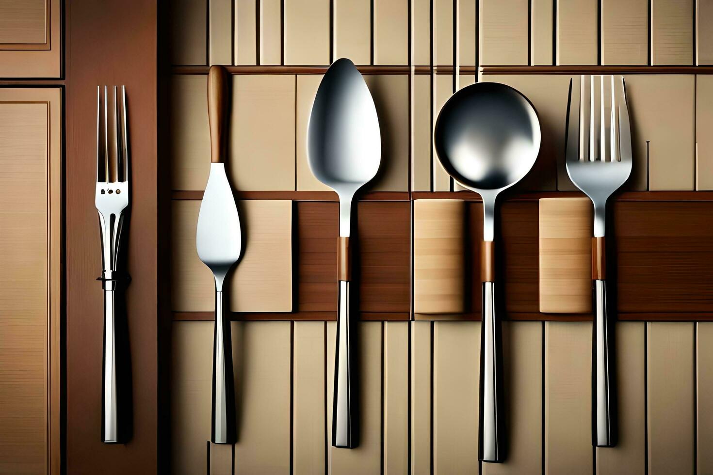 a group of four forks and spoons on a wooden surface. AI-Generated photo