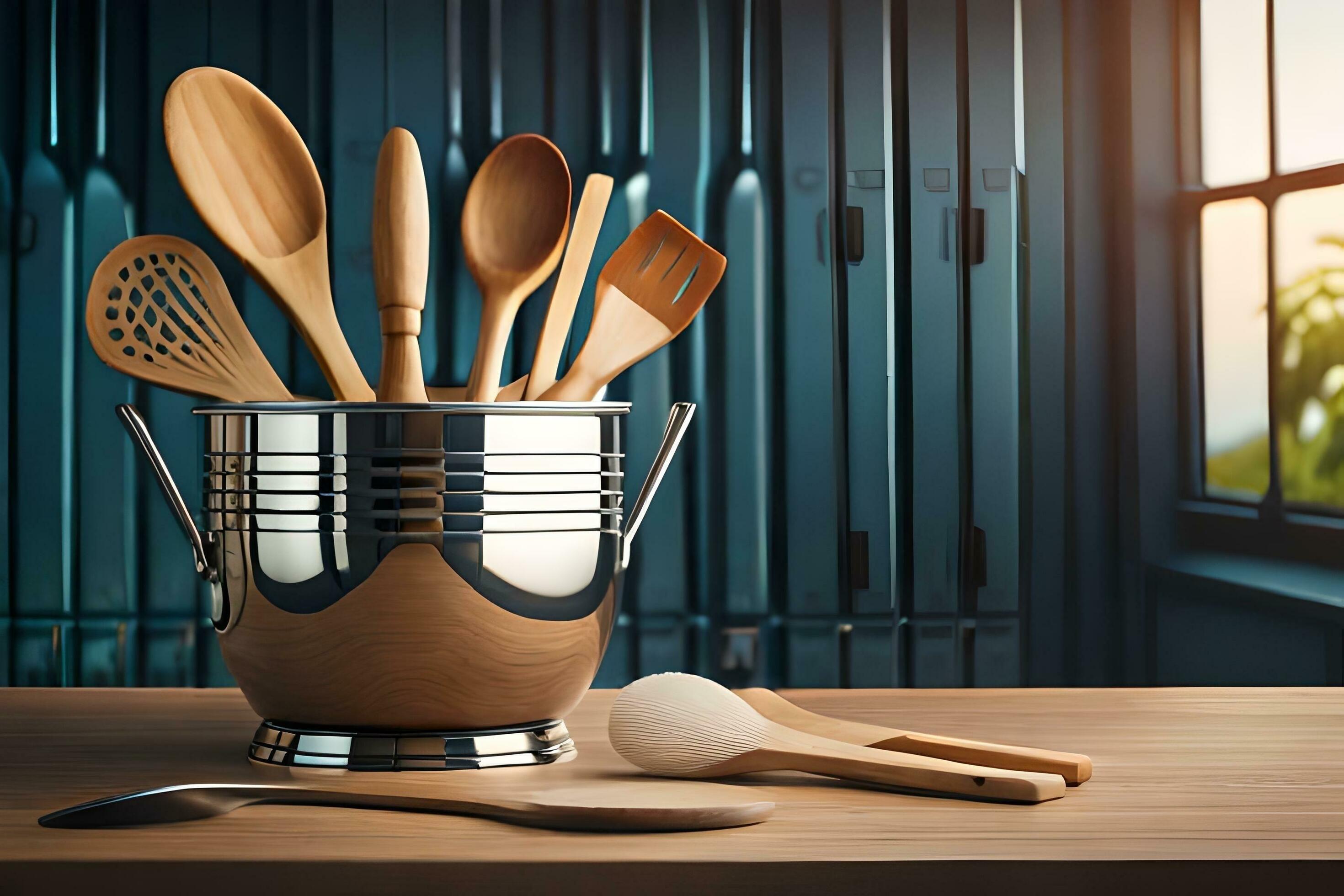 a wooden bucket with wooden utensils sitting on a table. AIGenerated 33634255 Stock Photo at
