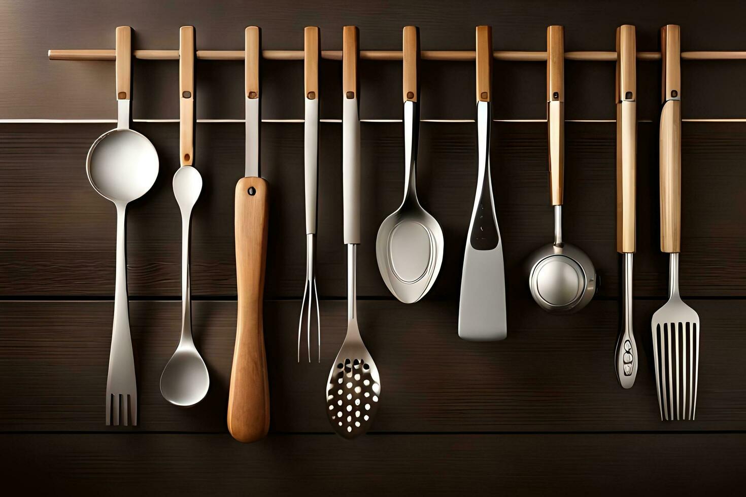 a rack of utensils hanging on a wall. AI-Generated photo