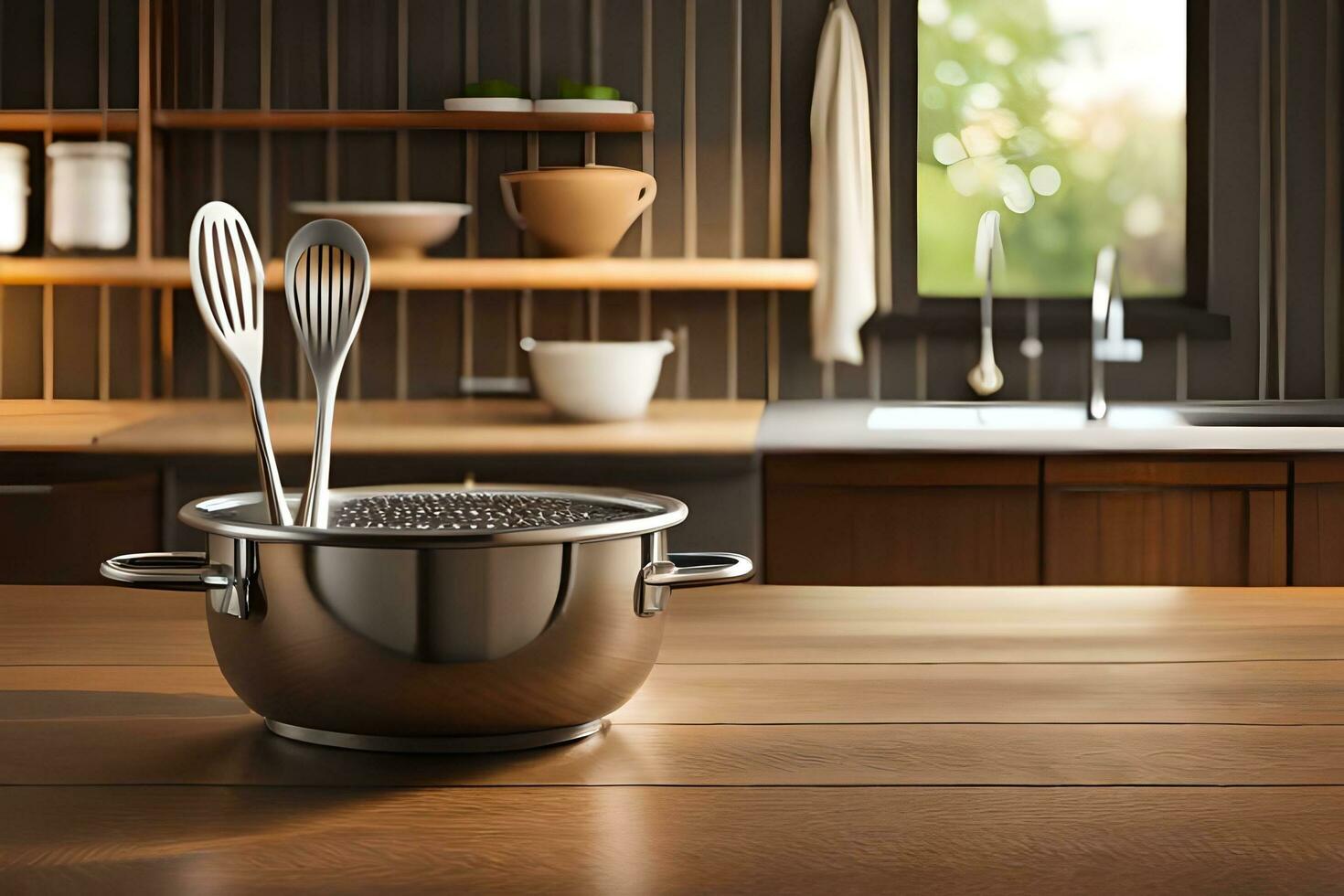 a kitchen with a pot and utensils on a wooden table. AI-Generated photo
