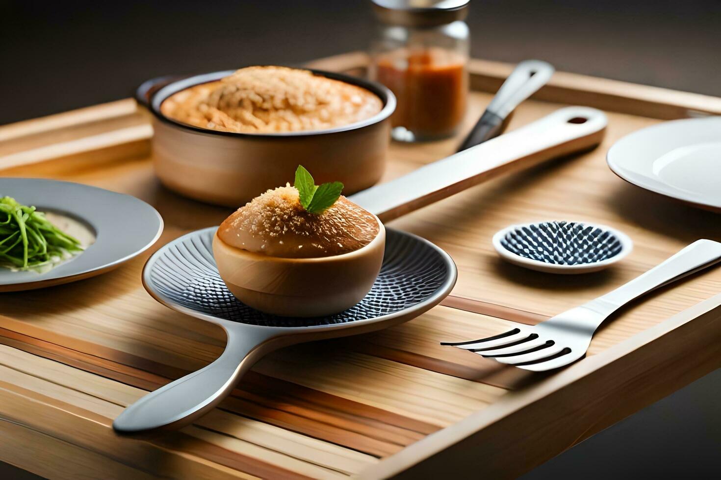 a tray with food on it and utensils on it. AI-Generated photo