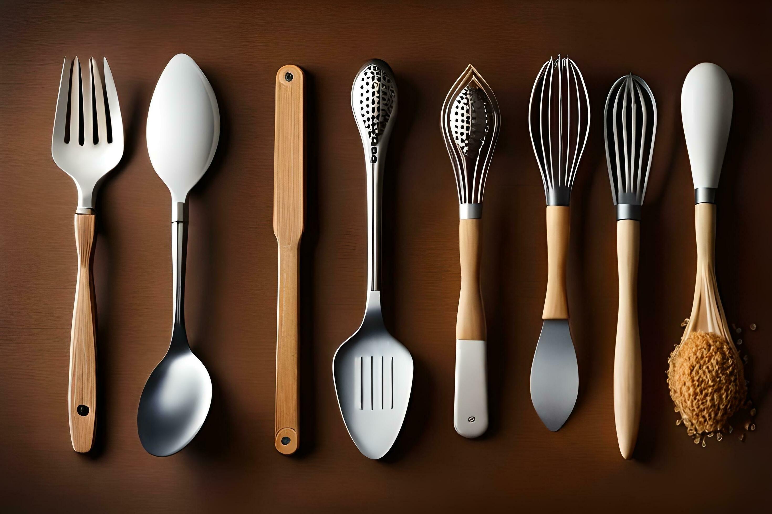 a group of different utensils on a brown surface. AIGenerated 33634305