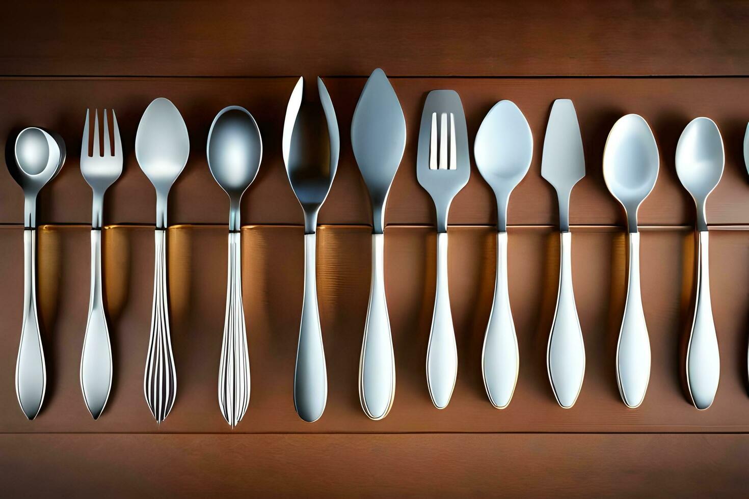 a collection of silverware on a wooden surface. AI-Generated photo
