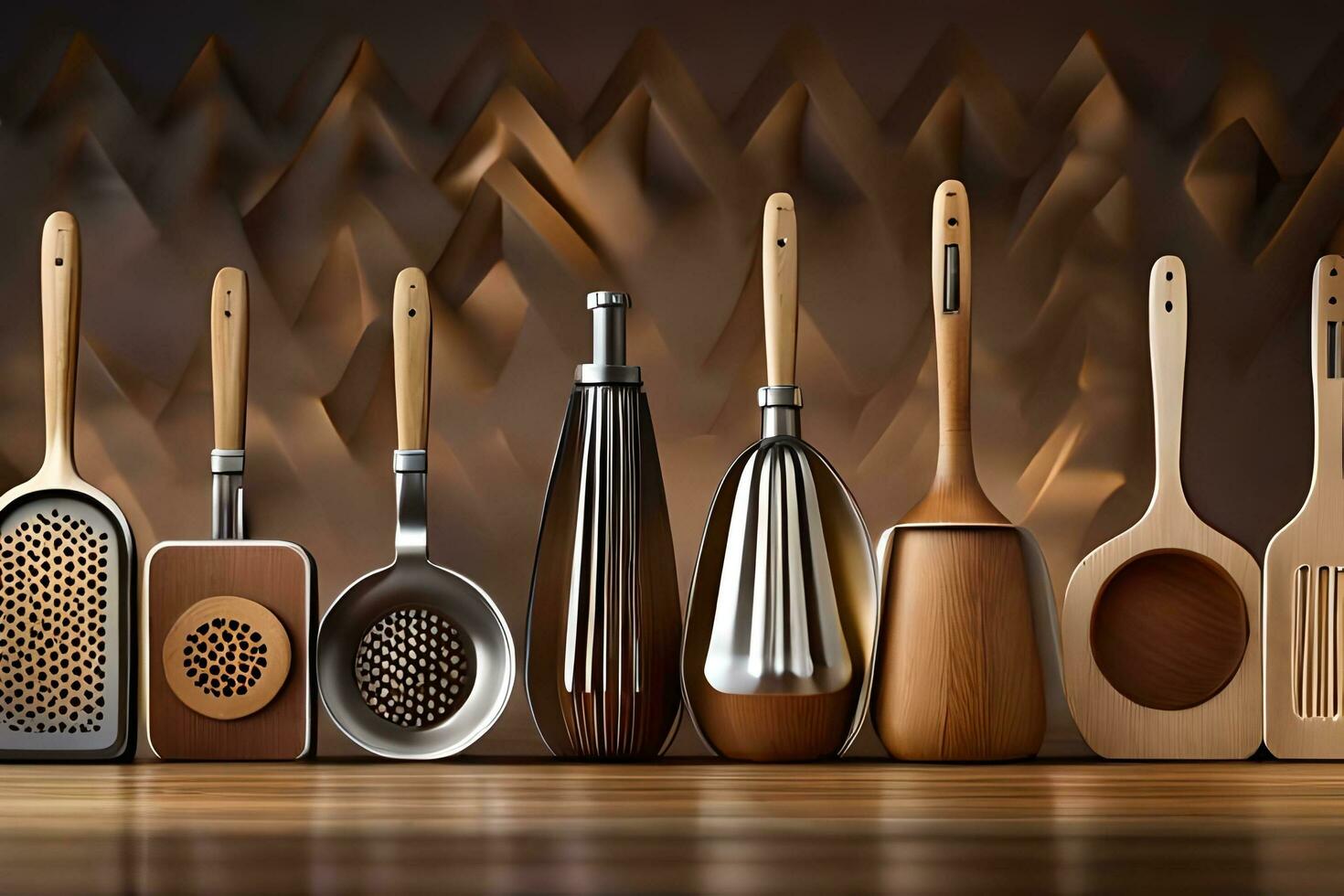 a row of wooden utensils and spoons. AI-Generated photo