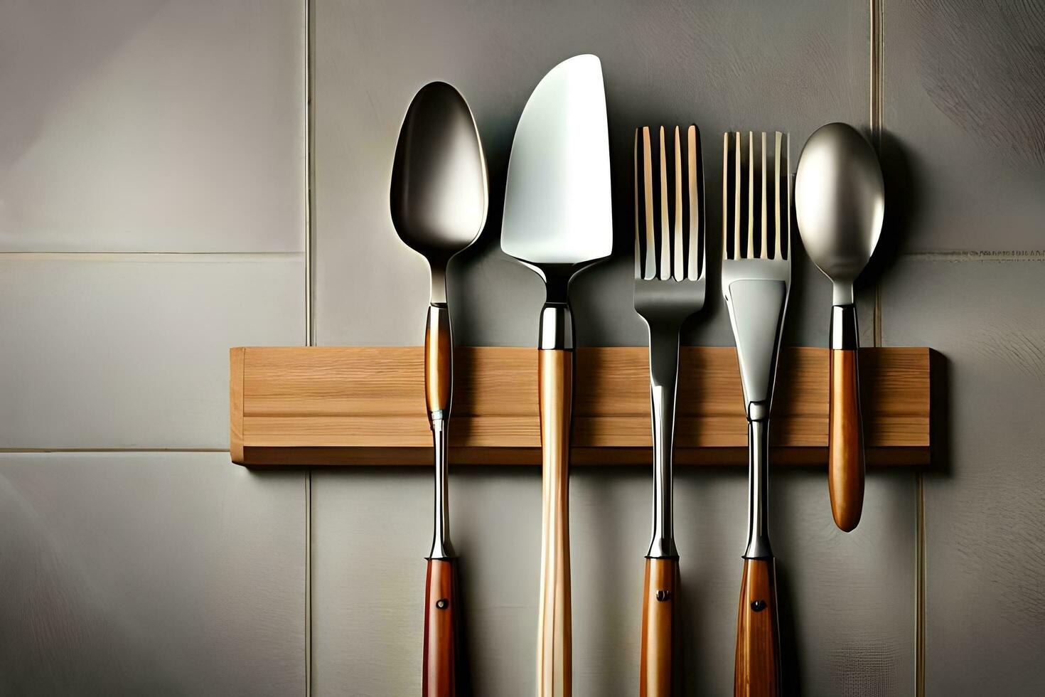 a group of utensils are on a wooden shelf. AI-Generated photo