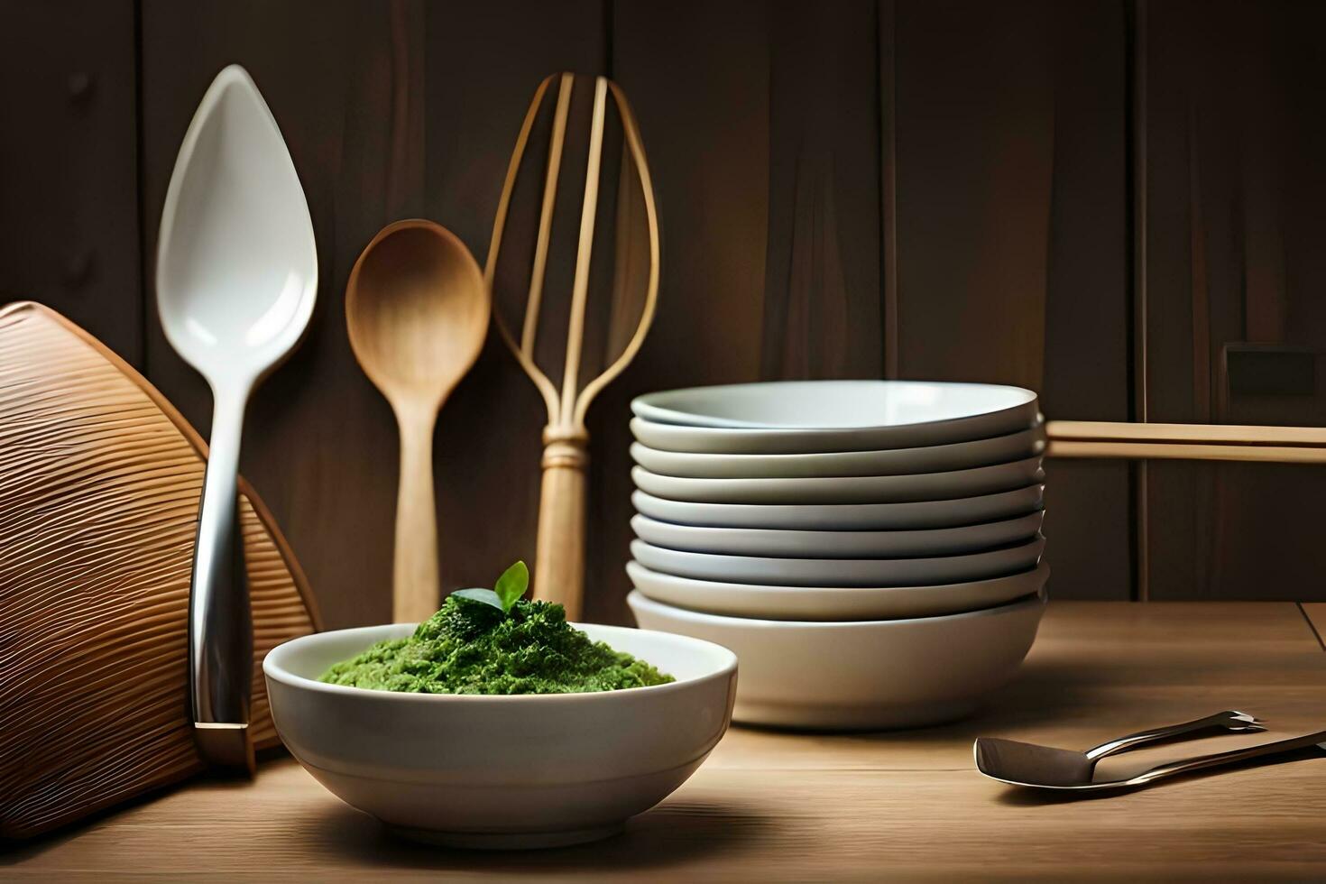 a bowl of green pesto with spoons and utensils. AI-Generated photo